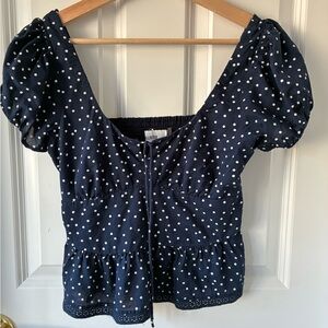 Holster Navy Polka Dot Puff Sleeve Top